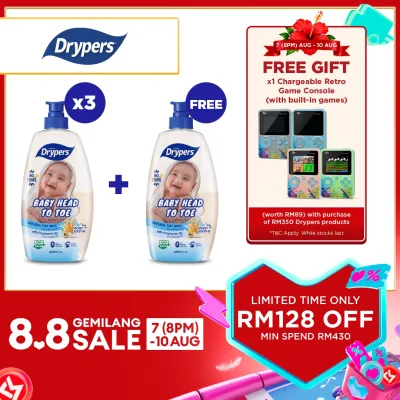 Drypers Baby Head To Toe 650ml (3 Bottles) FREE 650ml 1 Bottle - Tear Free & Baby Friendly Fragrance