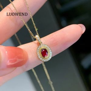 LUOWEND 100% 18K Yellow Gold Necklace Elegant Oval Shape Shiny Diamond Natural Ruby Necklace for Women High Anniversary Gift