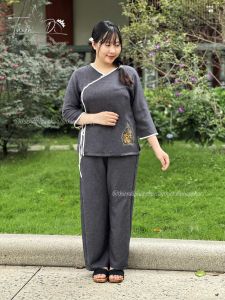 Pháp phục đi lễ chùa cho nữ set đồ lam thêu lá bồ đề đũi vân kiểu mới cho phật tử Thiên Di D12