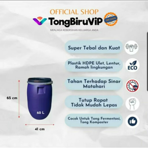 60L Tempat Sampah Biru FULLSET / Tong Fermentasi Plastik Tebal & Kuat dengan Tutup dan Seal