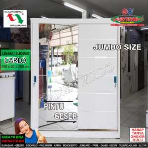 Lemari Sliding 2 Pintu Putih Stylish Kualitas Premium Ukuran Jumbo Lebar 150cm Tinggi 2m Cermin Besar