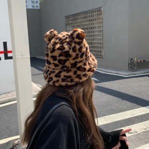 SMVU Girls Thick Autumn Winter Leopard Bear Ears Women Plush Bucket Hats Basin Hat Fisherman Hat