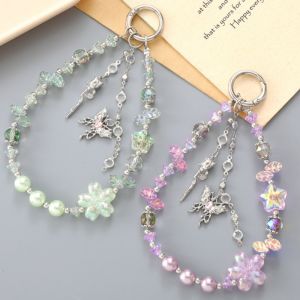 HBESTY Mobile Phone Straps High-end Luxury Short Glitter Flower Pearl Crystal Hanging Chain Hand-beaded Wrist Chain Hand-held Pendant