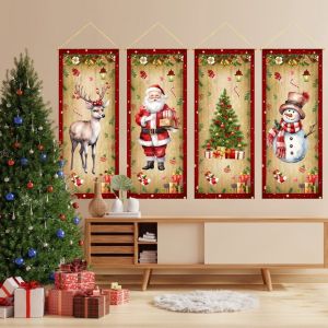 2025 Christmas Door Decoration Retro Christmas Banner Wall Decoration Santa ClausPattern HangingFlag