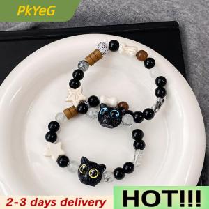 PkYeG Cute Black Cat Beaded Bracelet For Women Men Black White Beads Cartoon Animal Couple Bracelet Trendy Jewelry Lovers Gift