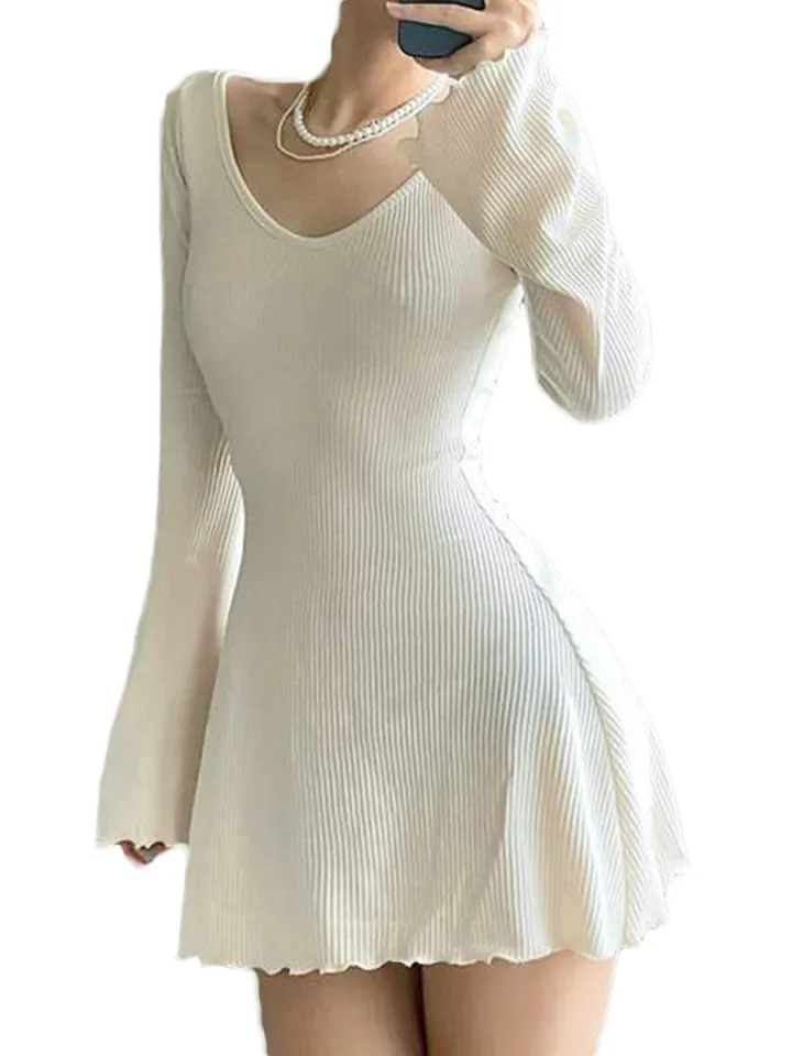 beautifultime Women Summer Slim A-Line Dress Solid Color Ribbed