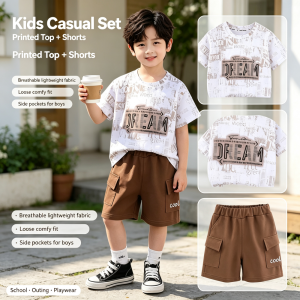 AILEBE Kids Sets Korean Newspaper "DREAM" Letter Print Short Sleeve Top Shorts Set Breathable Lightweight Summer Wear Loose Comfy Fit With Side Pockets Pambahay OOTD For Baby Boys 3-8 Years
