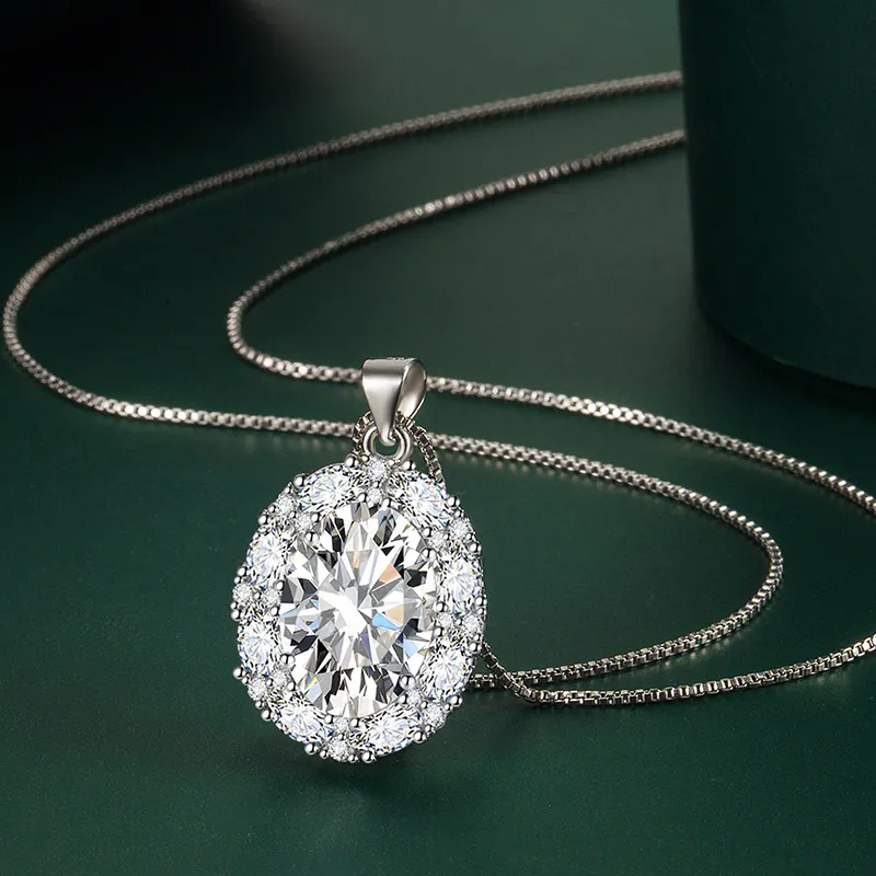 Elegant Large Carat Diamond Pendant Sterling Silver Chain Halo