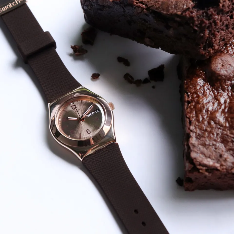 Swatch Irony Medium BROWNEE YLG701 Rose Gold and Brown Silicone