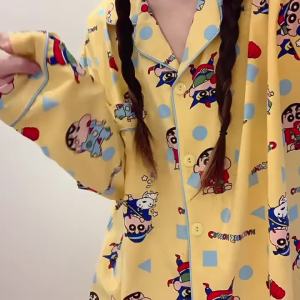 Anime Crayon Shin Chan Womans Pajamas Set Print Sleepwear Cute Cartoon Fashion Long Sleeved Pants Students Girl Kawaii Homewear2026