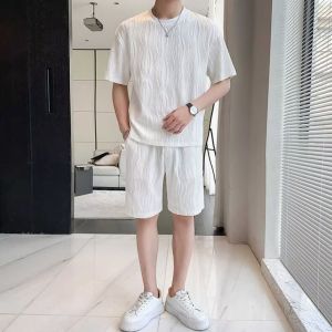 Summer Mens Style T Casual loose-fitting five-point shorts simple new style trendy artistic and Japanese-inspired ins Five-quarter sleeve casual suit