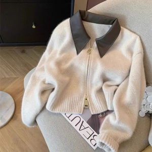 Spliced Leather Collar Knit Sweater Fashion Double Zipper Cardigan Womens Autumn/Winter New Soft Vintage Long Sleeve Streetwear