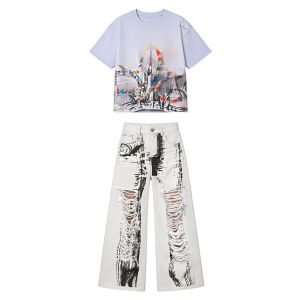 Kids Child High Fashion Digital Print Streetwear Hip Hop Outfit T-shirt Pants Suit for Girls Hiphop Style Stage Wear Clothes Set H260702