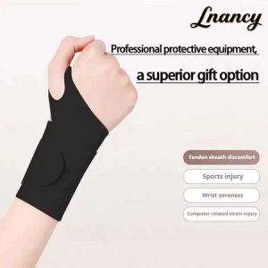 Black wrist support brace with adjustable strap for sports and outdoor activities.