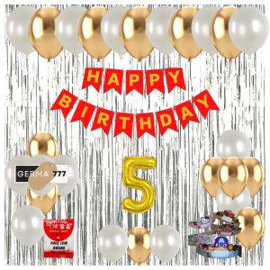 Paket Set Dekorasi Pesta Ulang Tahun Anak Banner Happy Birthday Merah Balon Putih Gold Ultah Simple