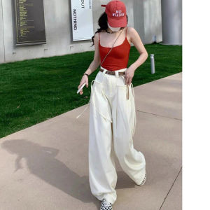 saku vertikal Retro Pinggang Tinggi Celana Kargo Spice Girl Dance Longgar Lurus Celana Kargo