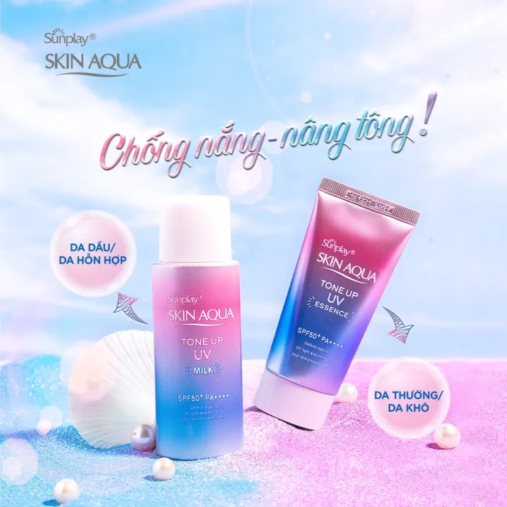Kem Chống Nắng Skin Aqua Kiềm Dầu Nâng Tông, Kem Chống Nắng Cho Da Dầu Mụn Skin Aqua Tone Up UV Essence Lavender SPF50+