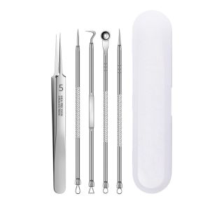 5PCS Blackhead Acne Pimple Remover Tool Facial Skin Care Products Kit Pinzas Para Espinillas Black Head Removal Tweezers Face Cleaner