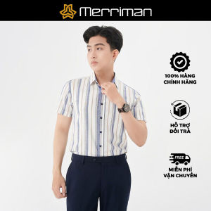 MERRIMAN SALE - Áo Sơ Mi MERRIMAN Tay Ngắn Màu Trắng - Xanh Dương Họa Tiết Sọc Form Slim Lai Bầu