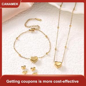 【CANAMEK 】 Stainless Steel Gold Color Heart Love Chain Necklace Bracelets Earrings For Women Girl New Fashion Non-fading Jewelry Set