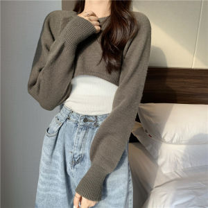 AN-9572 Cropped Tops For Women Long Sleeve Thick Plain Knitted Tops Plain Casual Blouse Top Kpop Tops High Quality