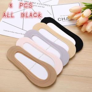 SHAN 8 pairs/pack Women Shallow Mouth Invisible Ice silk Silica Gel Non-slip Boat Socks ALL BLACK(Super Comfortable!!!)