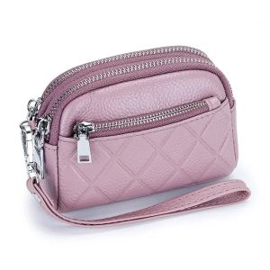 Royal Bagger Mini Small Coin Purse for Women Genuine Cow Leather Fashion Card Holder Large Capacity Three Zipper Handbag 1788