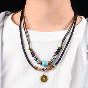 Double Layers Leather Rope Necklace Vintage Ethnic Style Coin Pendant Necklace Turquoise Bead Charms Choker Jewelry Gift