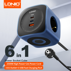 LDNIO European power strip cube power socket 65w fast charging station USB-C USB-A 3 outlet power tower 2m EU plug power cord
