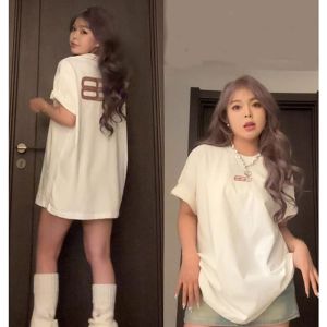 Fun print shoulder T-shirt hiphop retro print short-sleeved T-shirt womens season loose oversize lazy niche versatile top