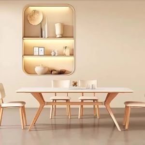 Cream style solid wood rock board dining table rectangular household small unit modern and simple Nordic bright dining table and chair combination