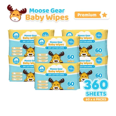 Moose Gear Baby Dry Wipes Premium 360sheets 6PACKS Thick & Soft Cotton