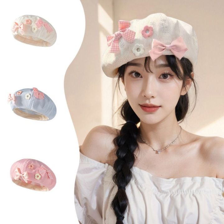 ELVALY Y2k Bow Flower Beret Solid Color Cotton Painter Hat Sweet ...