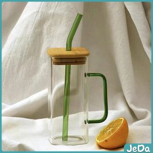 JeDa แก้วทรงสี่เหลี่ยม พร้อมฝาปิด และ หลอดดูด ถ้วยน้ำผลไม้  400ml Glass coffee cup