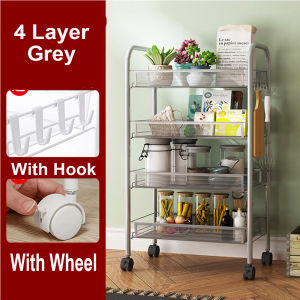 4 Layer Kitchen Removable Small Trolley Storage Shelf Storage Rack Shelf Bedroom Removable Bathroom Storage Shelf(with Wheel  Free Hook)