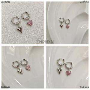 [COD] ZNPNXN Sweet Pink Zircon Heart-shaped Pendant Earrings For Women Simple Geometric Circular Ear Buckle Fashion Jewelry Accessories Gift