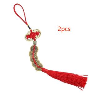 2pcs Gantungan Feng Shui 5 Coin Koin Keberuntungan Kuningan Tasel Gantungan Fengshui Koin Untuk Kerejekian