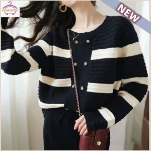 ✨เสื้อแขนยาว ผ้าถัก ลายทาง✨ ฟรีไซส์ สําหรับผู้หญิง  พร้อมกระดุม2แถว เสื้อกันหนาวแฟชั่น