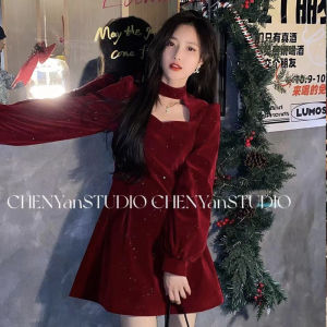 Red Christmas Dress for Women New French Style Waist-Cinching Slimming Puff Dress with Design Sense Elegant Annual Meeting Short Dress