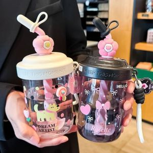 LINSBAYWU High-capacity Water Bottle Dust Cap Heat-resistant Straw Bottle Cute Handheld Drinking Cup Fruit Juice