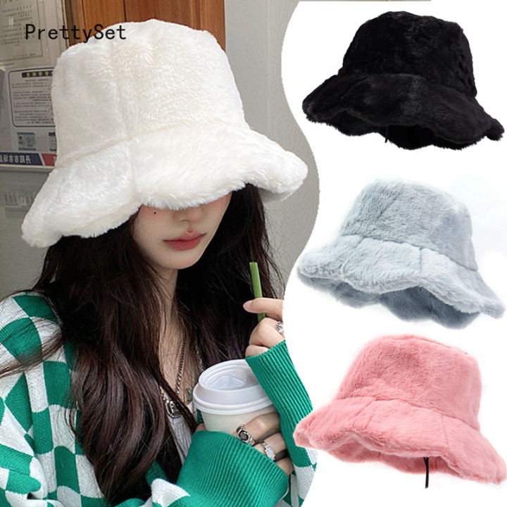 Winter Warm Ruffle Plush Bucket Hats for Women Fashion Solid Color