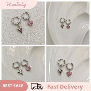 Heabety Sweet Pink Zircon Heart-shaped Pendant Earrings For Women Simple Geometric Circular Ear Buckle Fashion Jewelry Accessories Gift