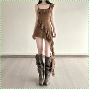 กระโปรงยาว เอว ชุด การอุดตัน ปกคอสี่เหลี่ยม แฟชั่น สไตล์ลำลองในชีวิตประจำวัน ผู้ใหญ่ กระโปรงสั้น