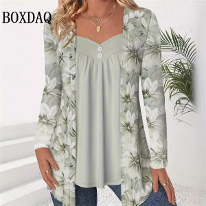 2026 Autumn Winter Long Sleeve Blouses Women Fashion Plus Size Elegant Patchwork Printed Fake Two Piece Shirts Casual Loose Tops