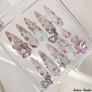 [SG Stock] Handmade Press On Nails Long Stiletto Luxury Diamond Glitter Ins Fake Nails Kit 10pcs XS S M