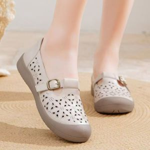 Comfortable platform sandals for women round toe hollow breathable hole shoes mothers shoes soft leather new summer sandals