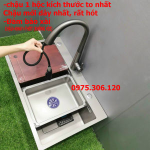 CHẬU DÀY 3ly Chậu Rửa Chén Bát CAO CẤP PHỦ NANO XÁM N17 7846 và KHAY và bộ xiphong và thớt bồn rửa chén inox 1 hố