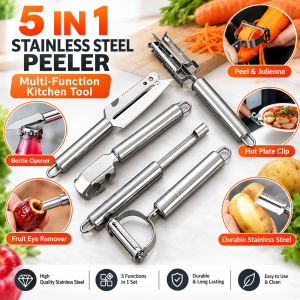 IQONICA 5in1 Stainless Steel Multi-Function Kitchen Tool: Peeler Julienne Bottle Opener Fruit Eye Remover Hot Plate Clip Durable Stainless Steel.
