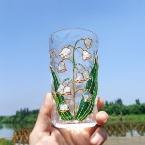 BECOME Glacier Texture Hand-Painted Glass Cup Transparent Flower Design Beer Cup Trendy 350ml Juice Cup Party