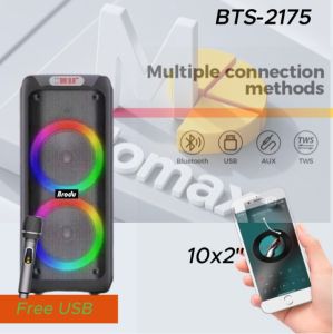 BTS-1387 New Portable Bluetooth Speaker with 10" Dual Drivers LED Lighting Wireless Mic FM Radio and USB Charging